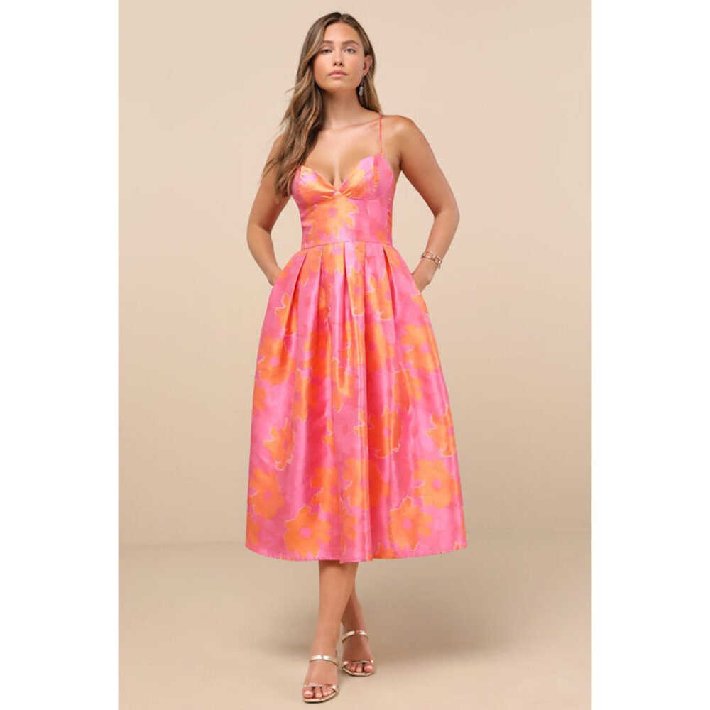 Lulus Vivinna Pink And Orange Floral Jacquard Pleated Midi Dress - Size M
